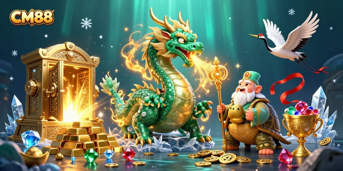 Experience the magic of CM88 with a jade dragon, treasures, and lucky cranes in a dynamic casino scene.
