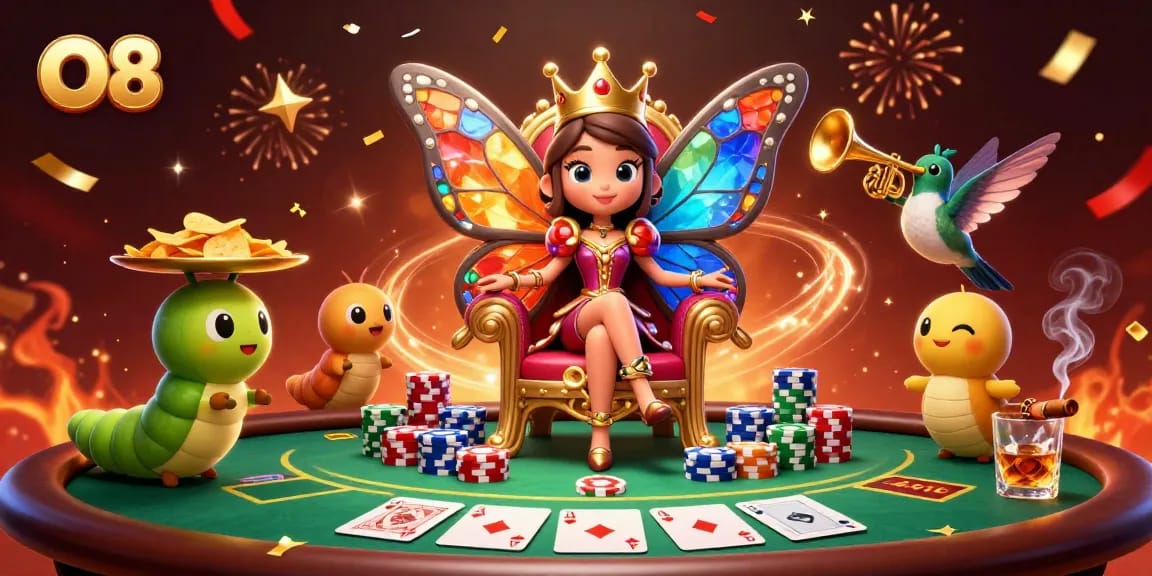 Experience the excitement of O8 with a vibrant 3D casino scene showcasing a butterfly queen and poker elements.
