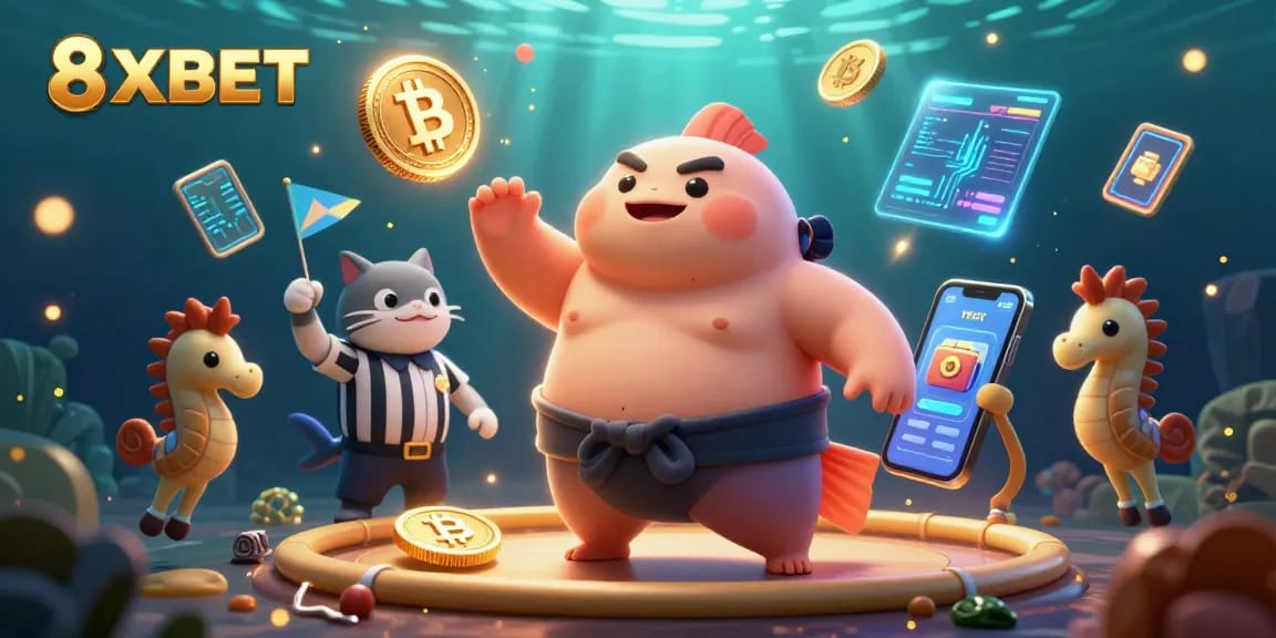Experience the excitement of 8XBET in an underwater casino scene with engaging characters and crypto elements.
