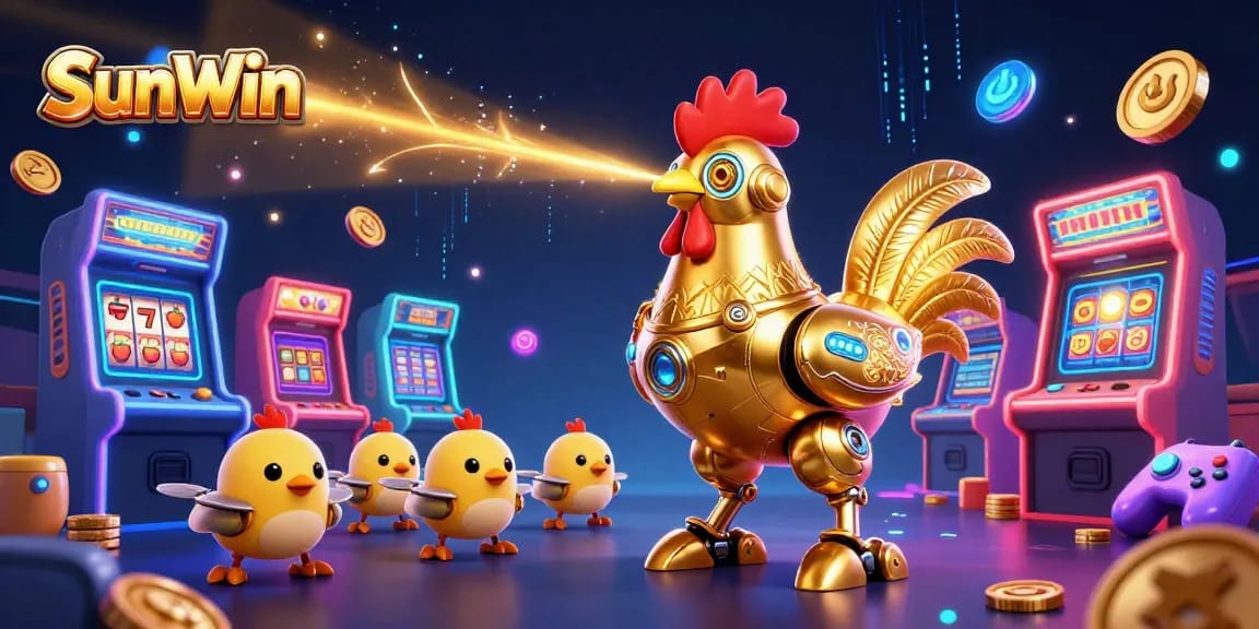 SunWin engages players with an animated scene featuring a golden rooster robot amidst vibrant casino elements.