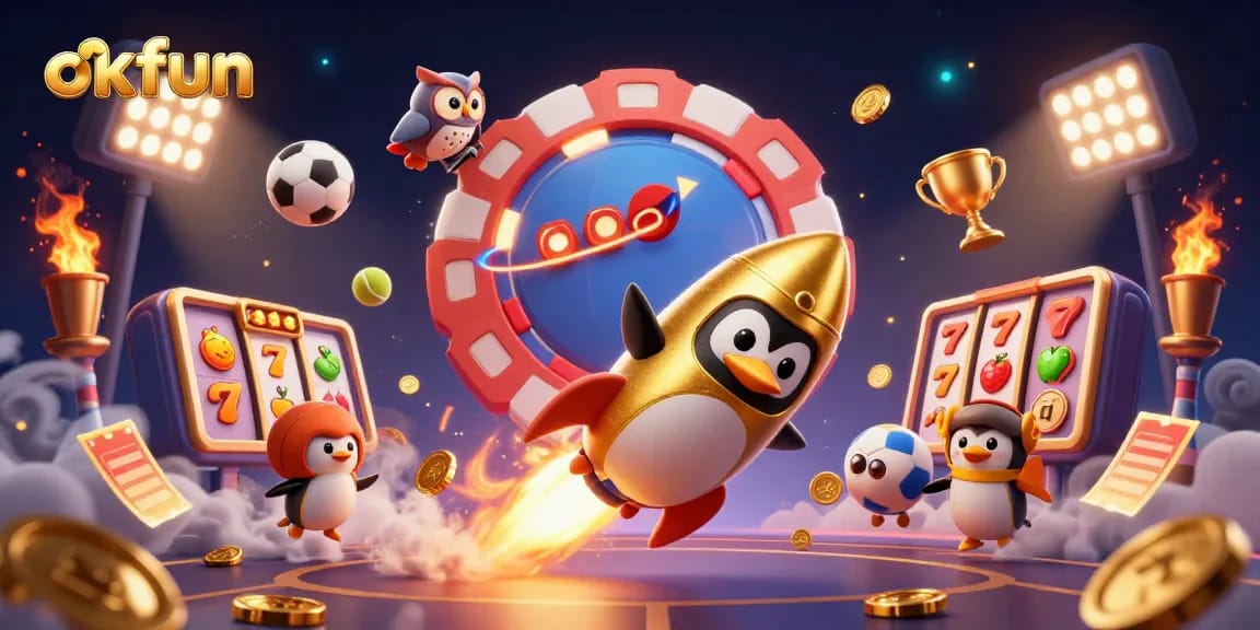 Enjoy thrilling gameplay with okfun's dynamic slot games while a golden penguin zooms toward a poker chip casino.