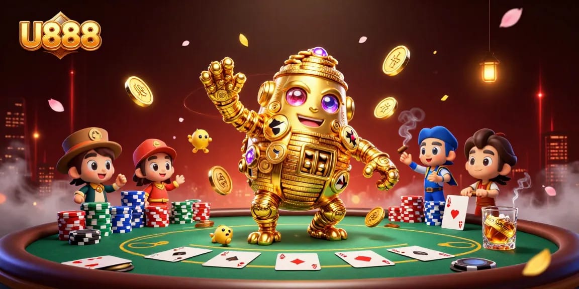 Engage with U888's dynamic casino action featuring golden golem and poker elements