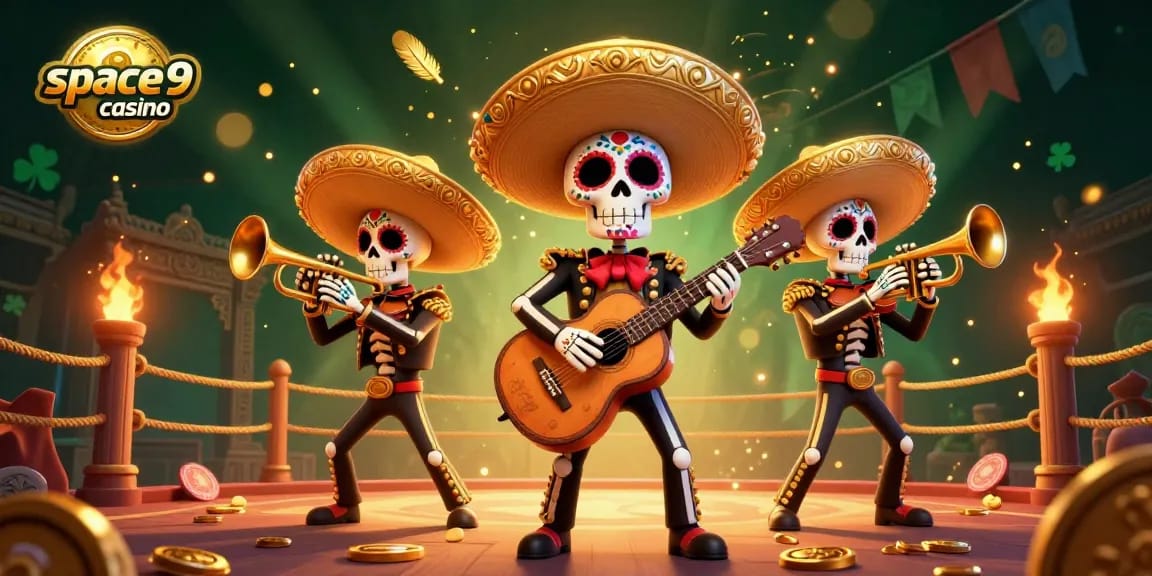 Join the excitement at space9 casino with a lively Day of the Dead mariachi band playing amidst a golden festive atmosphere.