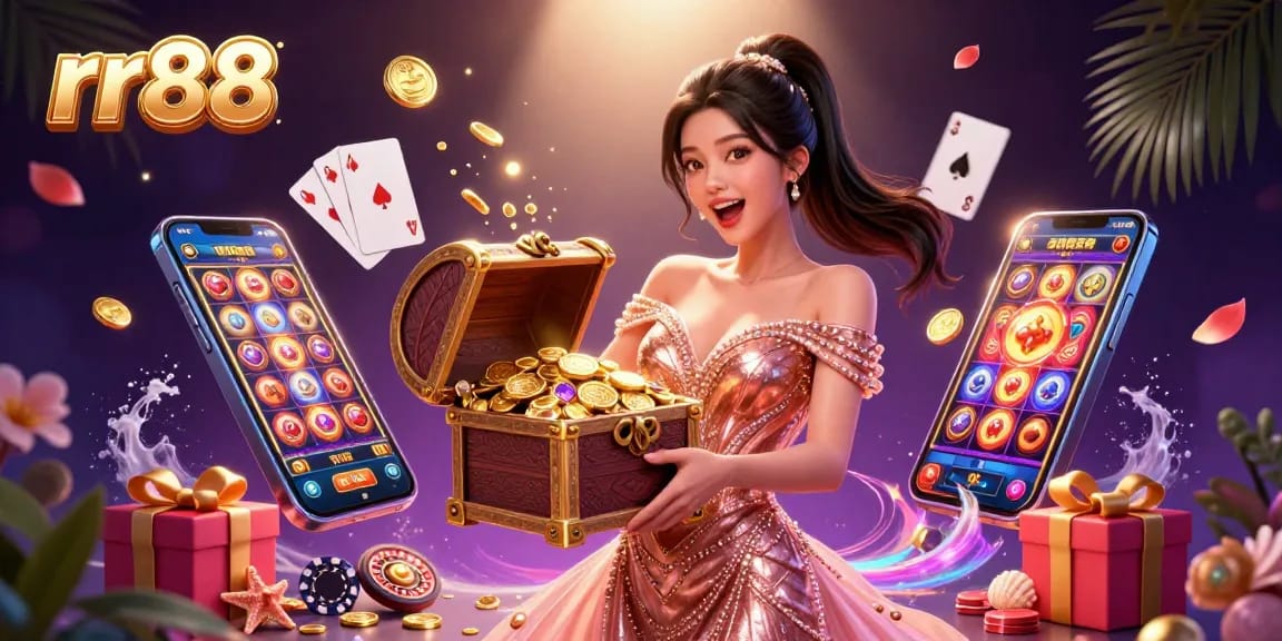 Experience the excitement of rr88, featuring golden treasures and lively slot games in a captivating casino scene.