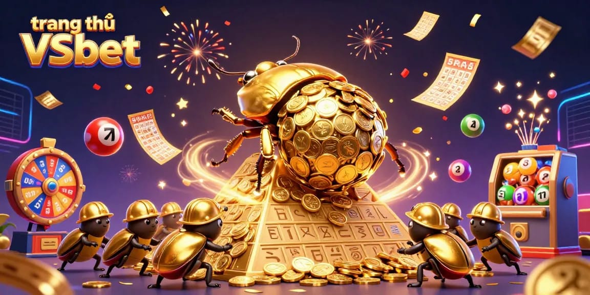 Engage in excitement at trang chủ VSbet with vibrant lottery games, gold coins, and casino symbols.