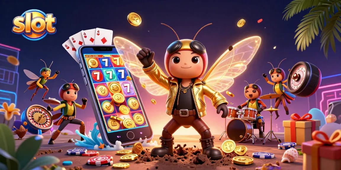 Slot yang menarik dengan karakter kartun dan elemen kasino, termasuk koin dan kartu.