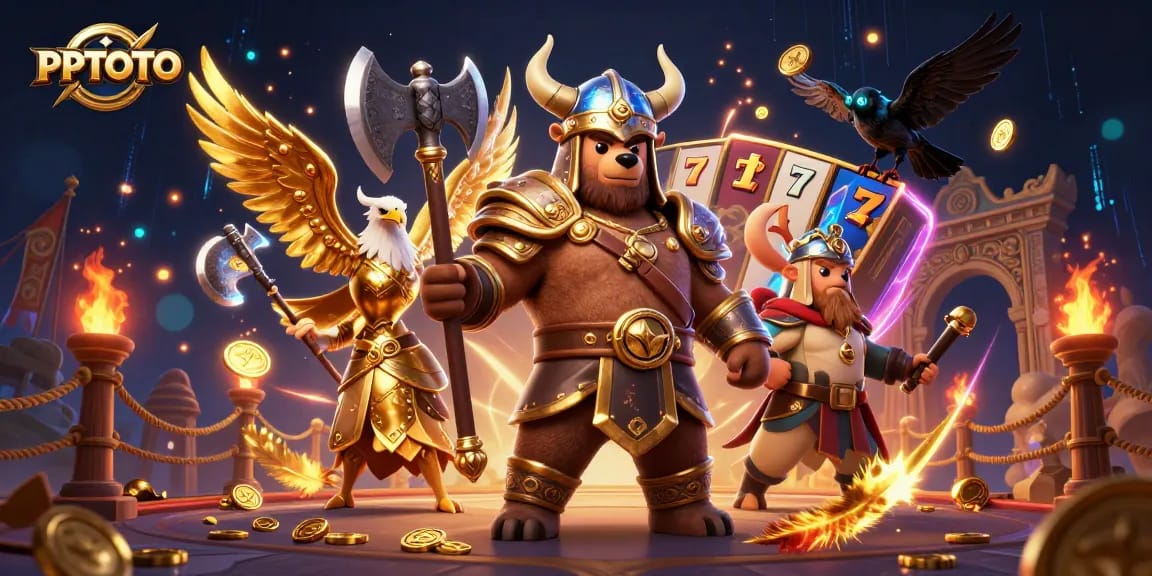 PPTOTO menawarkan jackpot yang menarik dan permainan yang penuh warna, ditampilkan dengan ilustrasi dinamis dalam lingkungan kasino 3D.