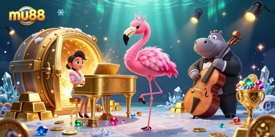 Experience the vibrant world of mu88 with cartoon characters at a lively casino scene.