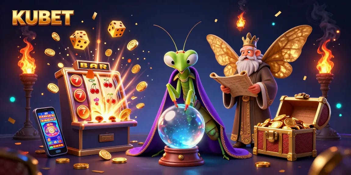 KUBET enhances your gaming with a vibrant casino scene featuring a mantis fortune teller and a moth librarian.