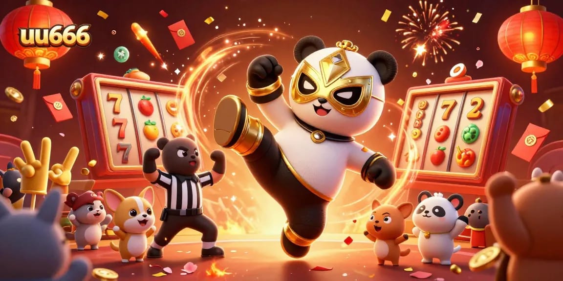 Experience thrilling slots with uu666, featuring an animated panda wrestler amidst vibrant casino elements.