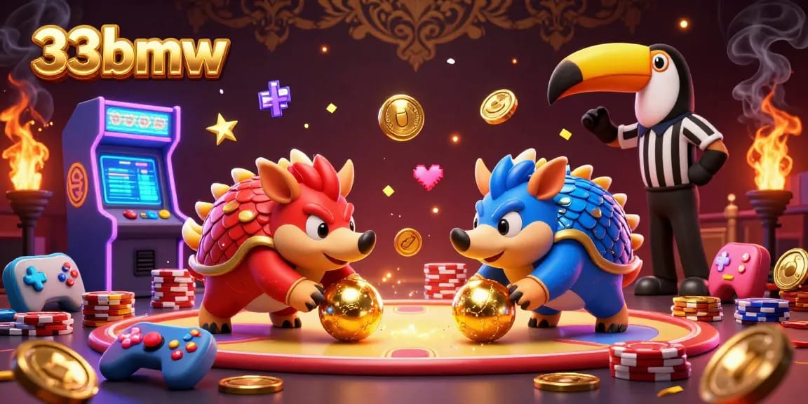 Pangolins rolling poker chips and golden balls in a vibrant 33bmw casino arcade atmosphere.