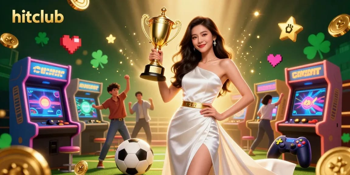 Engage with Hitclub's thrilling gaming experience featuring vibrant casino elements and a confident trophy holder.