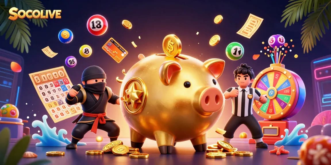SOCOLIVE showcases an engaging illustration of a golden piggy bank sumo wrestler in action, surrounded by vibrant lottery balls and casino elements.