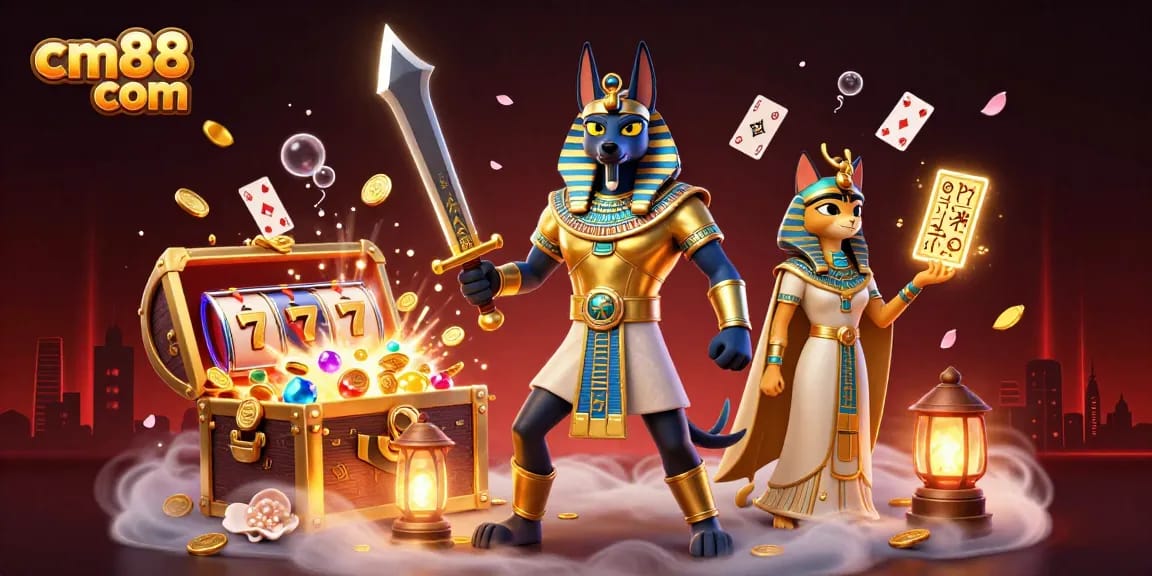 Engage in exciting gameplay at cm88 com with vibrant casino elements and ancient Egyptian warrior theme.