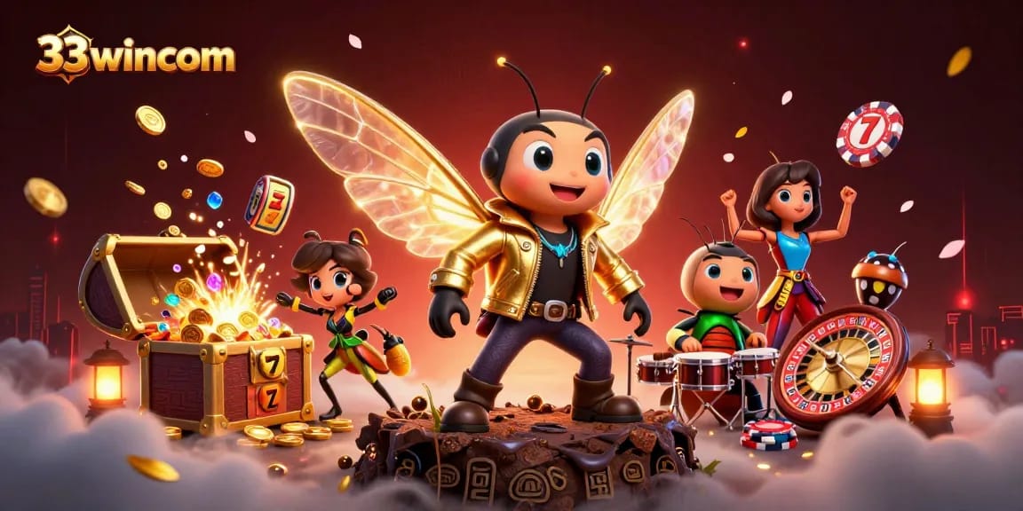 Experience exhilarating gaming action with 33wincom, featuring vibrant casino elements and dynamic characters.