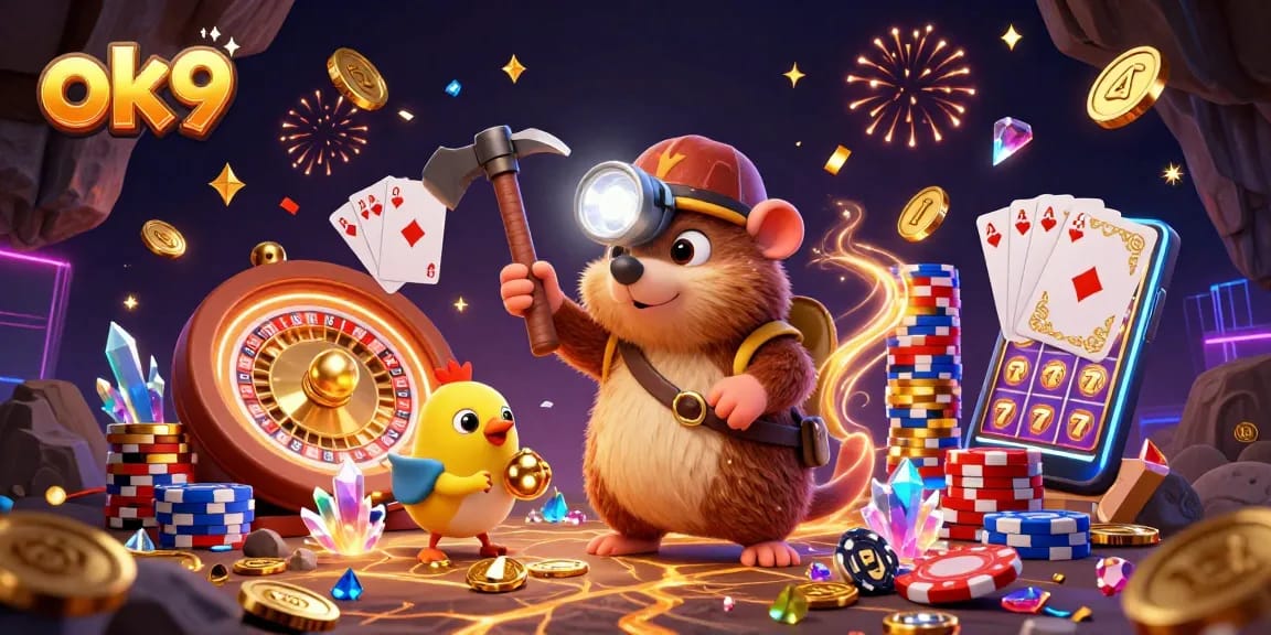 Spin and win with ok9 as the treasure hunter mole mines for gems amidst cascading coins and colorful poker chips.