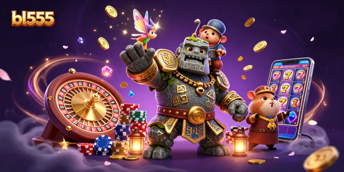 Experience the thrill of bl555 with a vibrant 3D illustration showcasing exciting casino elements and characters.