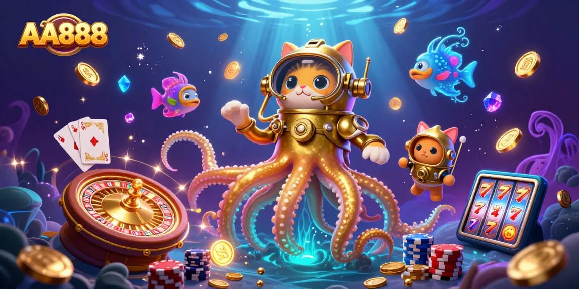 Experience the thrill of casino gaming with AA888, featuring an adventurous kraken and diving cat amidst a treasure-filled scene.
