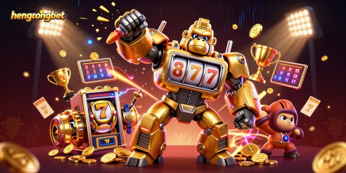 Experience the vibrant world of hengongbet with a dynamic 3D illustration showcasing thrilling slot games and charismatic characters.
