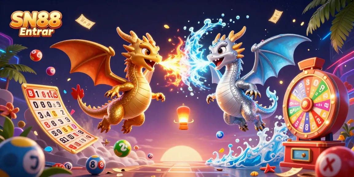 Engage with SN88 Entrar in a dynamic casino scene featuring animated dragons and vibrant lottery elements.