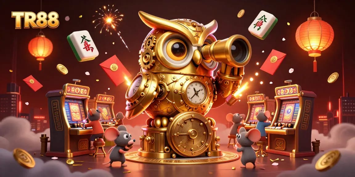 Experience the thrilling atmosphere at TR88 casino with animated golden owl and vibrant game elements.