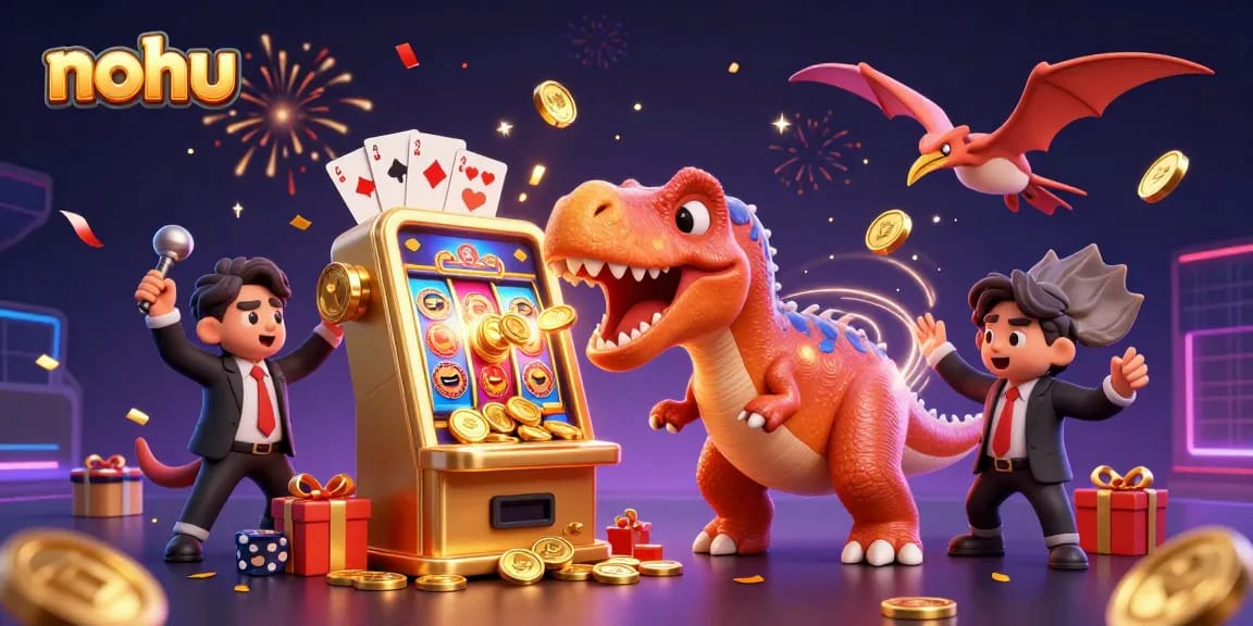 Nohus engage in thrilling slot play as dinosaurs celebrate huge wins with flying coins in a vibrant casino.