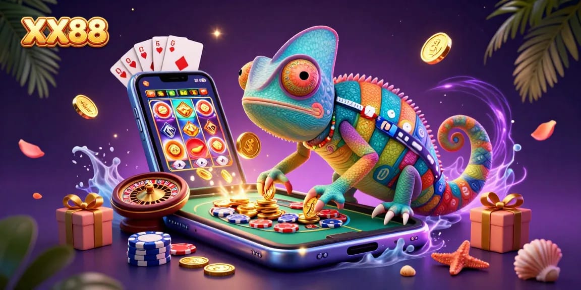 Engage in winning strategies at XX88 with the chameleon casino owner amidst vibrant casino elements.