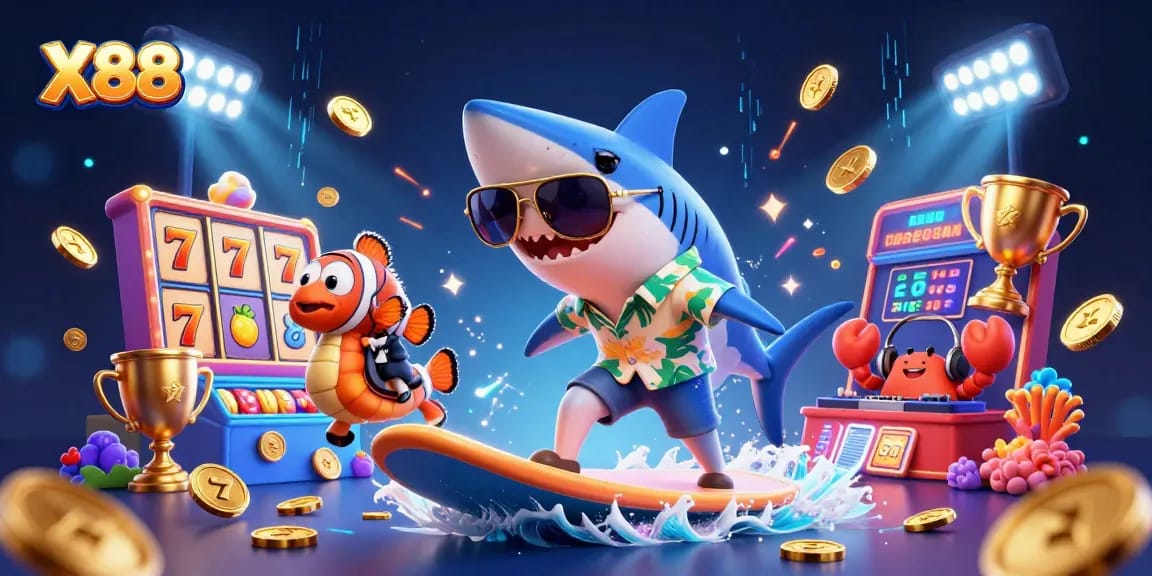 X88 offers thrilling slots gameplay with vibrant cartoon marine characters and sparkling casino elements.