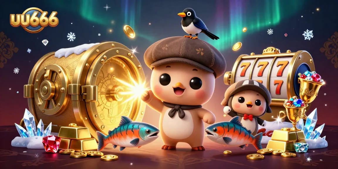 uu666 immerses players in a vibrant 3D cartoon casino scene filled with gold and slot machines.