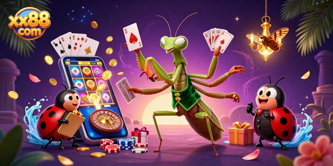 Play exciting games at xx88 com with a giant praying mantis card sharp and vibrant casino elements.