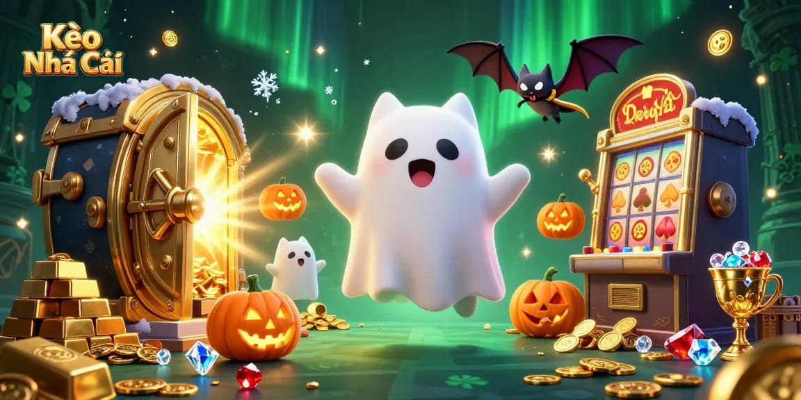 Kèo Nhà Cái showcases an enchanting scene with a ghost cat and bat amidst a vibrant casino backdrop