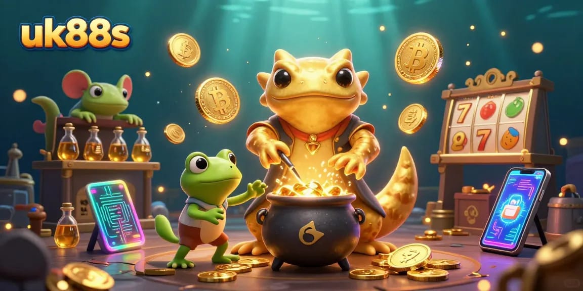uk88s brings excitement with a vibrant digital casino scene featuring a golden salamander alchemist and crypto elements.