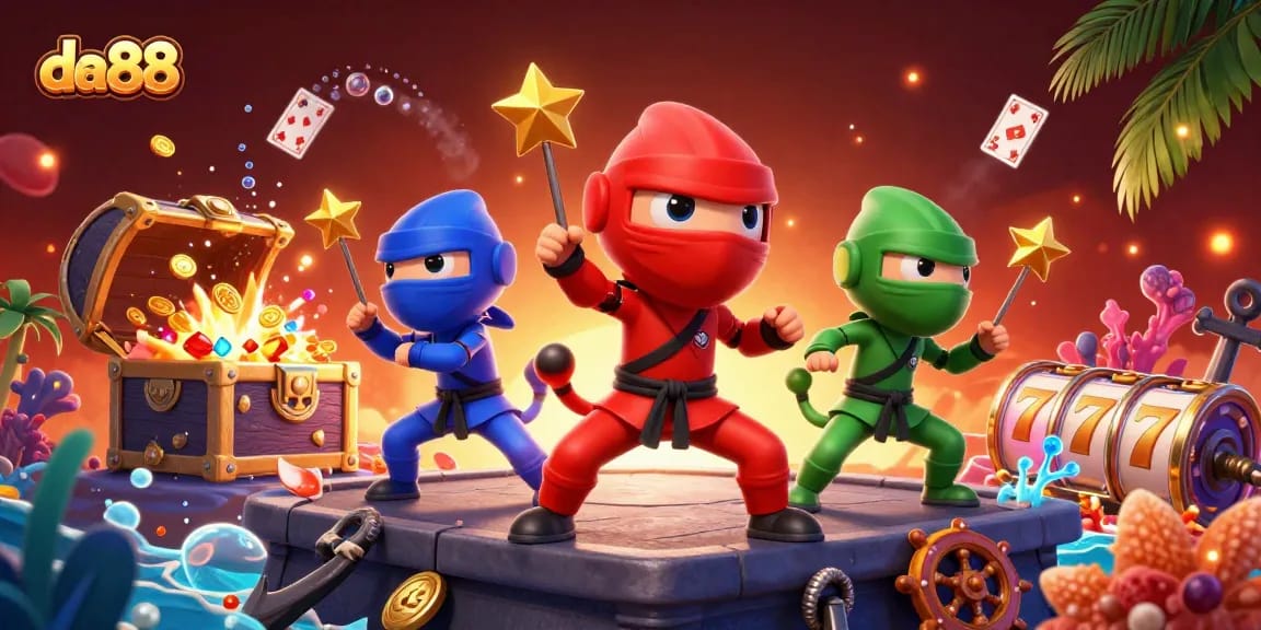 Engage in thrilling slots at da88 with chameleons and coins cascading around a rich casino scene.