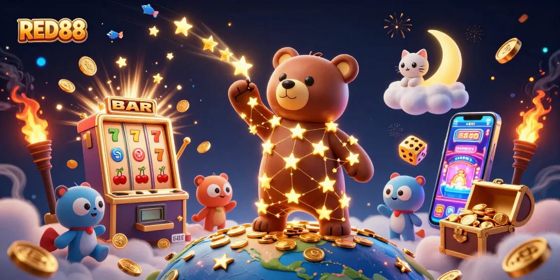 Experience the thrill of winning at RED88 with golden stars, dynamic slots, and vibrant casino elements.