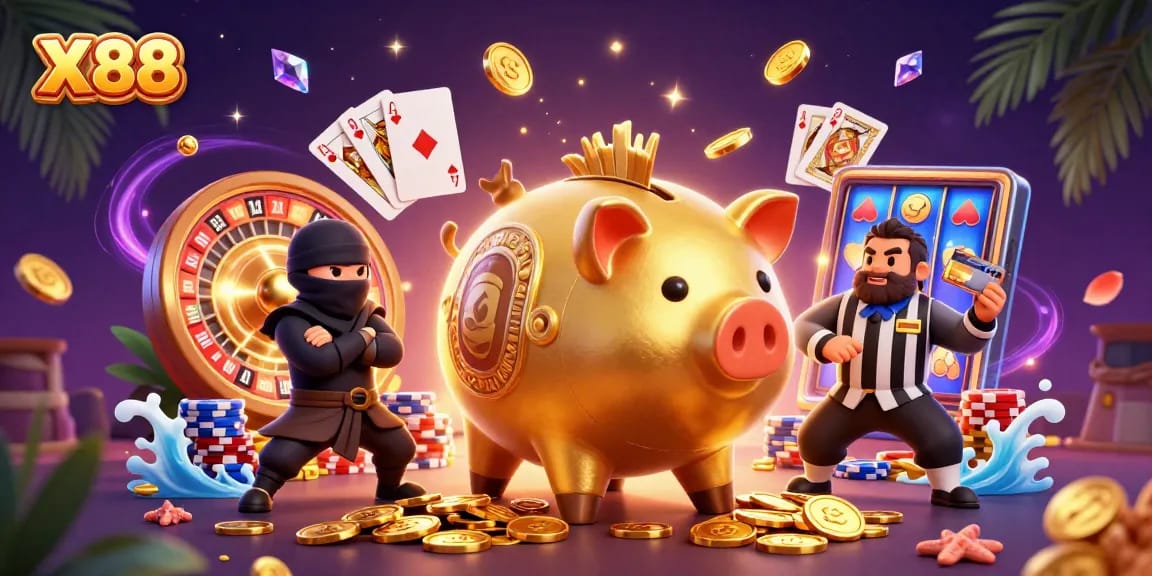 Experience epic wins at X88 with thrilling gaming action featuring golden coins and exciting characters.