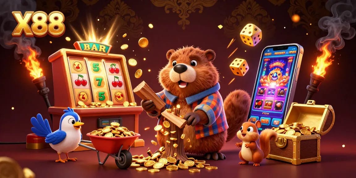 X88 launches thrilling adventures with vibrant golden coin drops and exciting slot machine elements.