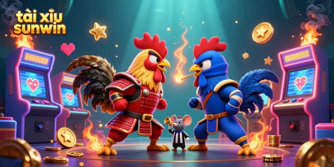 Tài xỉu sunwin illustration with dynamic fighting roosters and colorful gaming elements
