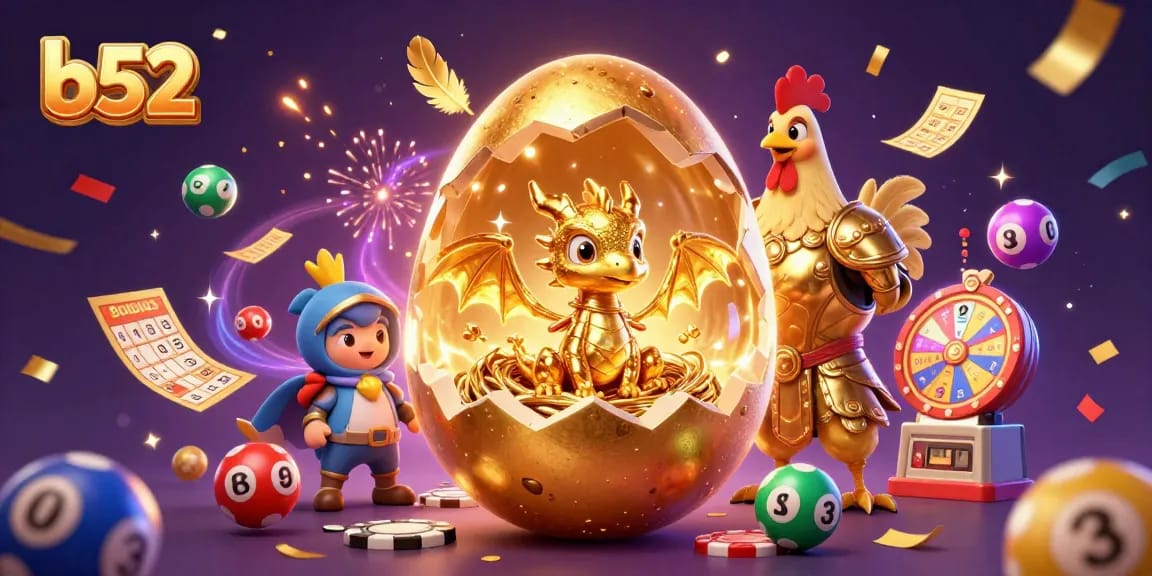 B52 offers thrilling gaming as a golden dragon emerges from a poker chip nest with lottery elements.