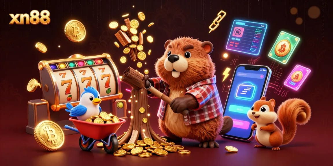 Win big at xn88 with a vibrant 3D illustration of characters collecting coins and gaming elements.