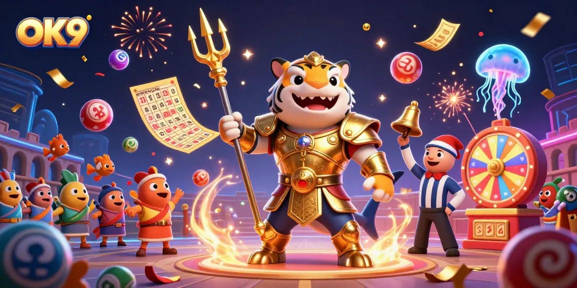 Experience thrilling gameplay at OK9 casino with a fierce tiger shark and dynamic lottery elements.