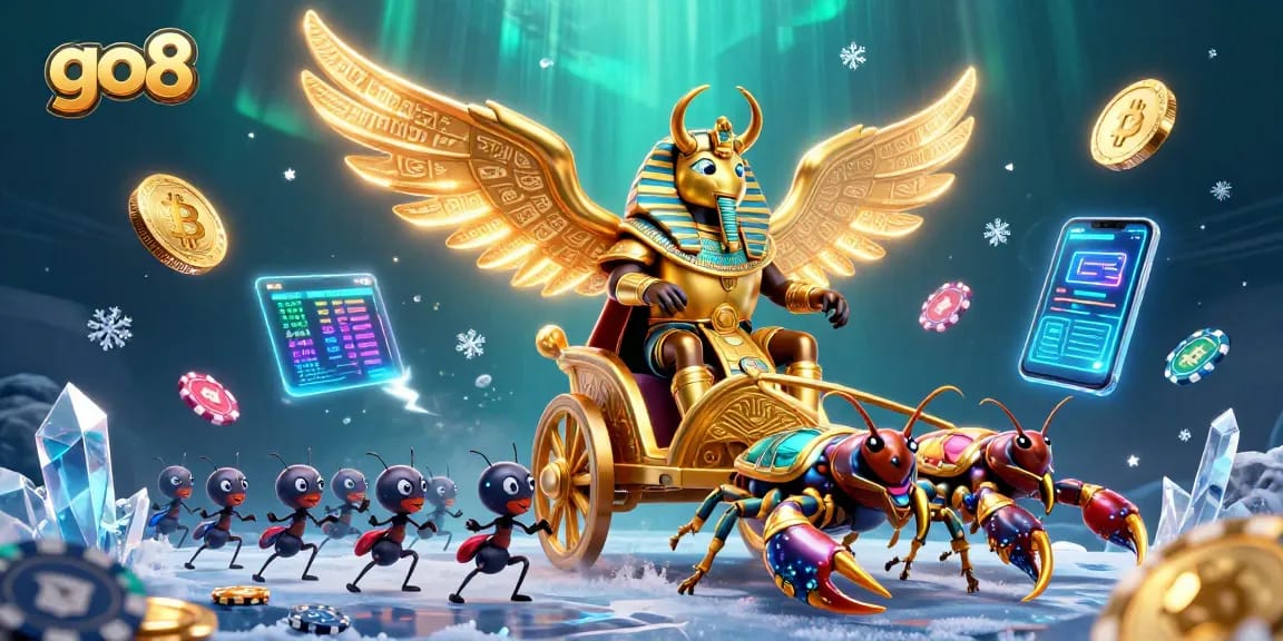 Experience the thrill of go8 with a colossal golden scarab beetle battling for prizes with poker chips and crypto coins.