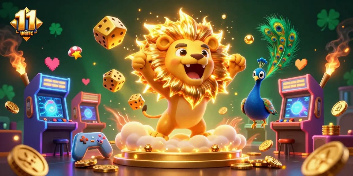Experience the magic of gaming with 11 win inc’s vibrant 3D illustration featuring golden dice and a roaring sun lion.