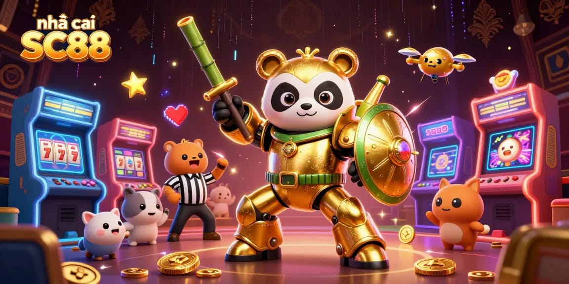 Engage in thrilling gameplay at nhà cái SC88 with dynamic 3D visuals of casino adventures featuring mech-suit panda.