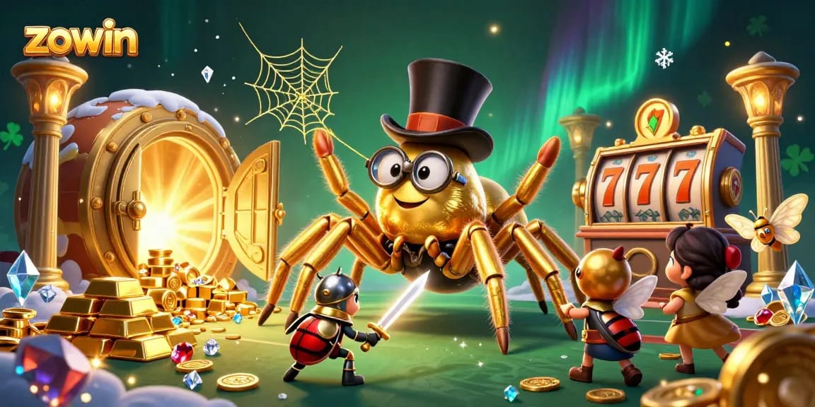 Zowin's vibrant 3D casino illustration showcases a golden tarantula and beetle knight amidst slot reels and treasures.