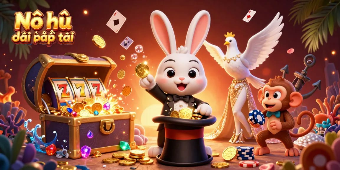 Nổ hũ đại phát tài showcases a magical scene of a rabbit pulling coins while a dove and monkey enhance the casino atmosphere.