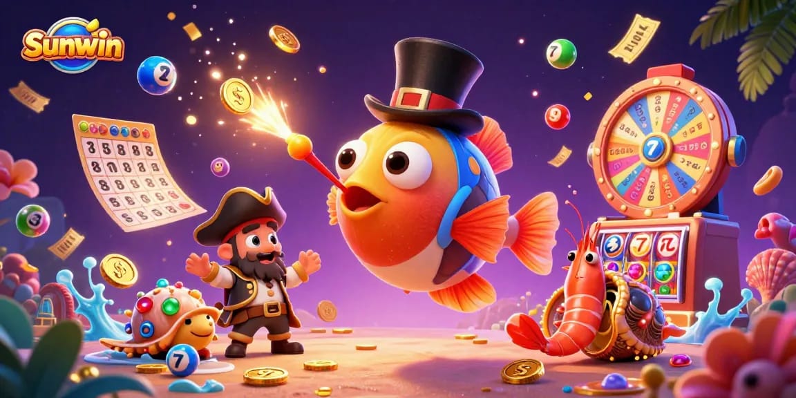 Win with Sunwin: a vibrant casino-themed 3D illustration featuring an anglerfish, shrimp, and snail amidst lottery balls and golden tickets.