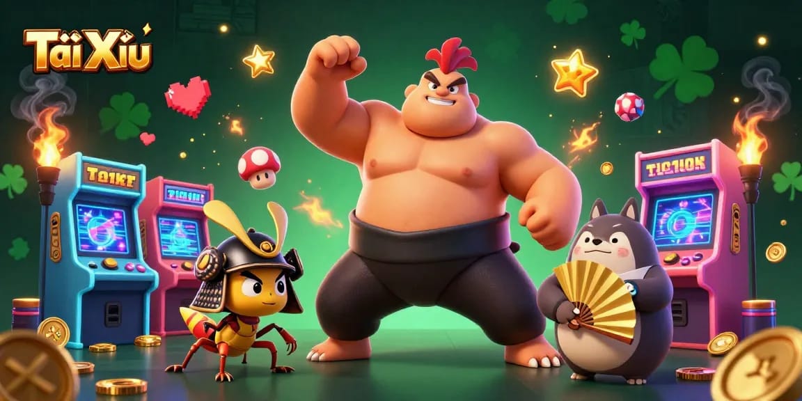 Tài Xỉu game scene with sumo wrestler rooster and cricket in an exciting casino setting