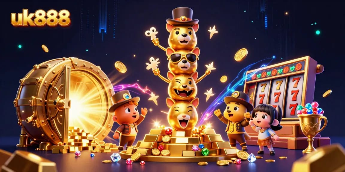 uk888 captivates bettors with a vibrant scene of a dynamic casino featuring golden riches and animated characters.