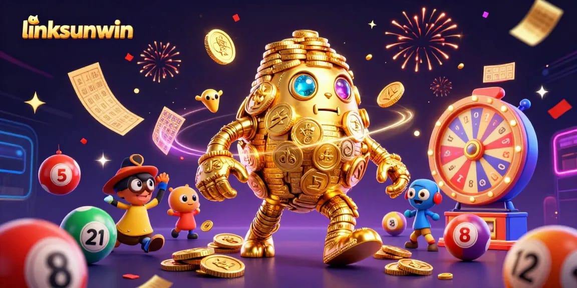 Experience the magic of linksunwin with vibrant balls and a gold golem in an exciting lottery scene.