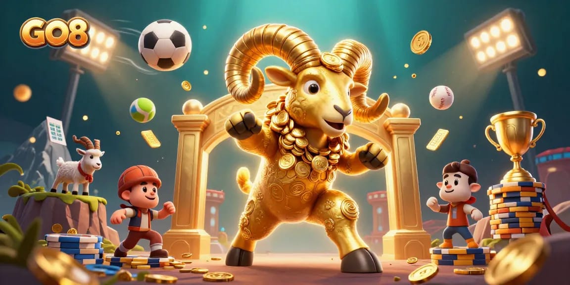 Engage with GO8's immersive gaming experience featuring a golden ram charging through a dynamic casino scene.